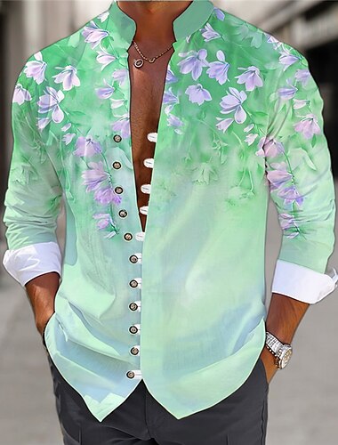  Herren Blumen Hemd leinenhemd Aloha-Shirt Langarm Brautkleider schlicht Freizeitskleidung Ausgehen Wochenende Frühling Stehkragen Bedruckt Button-Down Blau Purpur Grün