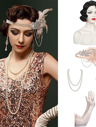  Set mit schwarzen Fingerwellen-Perücken, Feder-Flapper-Stirnband, langen Opernhandschuhen, Halskette, Ohrringen, Flapper-Girl-Cocktail-Maskerade-Outfits für Damen im Stil der 20er und 1920er Jahre,