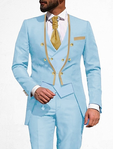  Costumes de bal pour hommes bleu clair noir crème costumes de fête de mariage couleur unie 3 pièces coupe ajustée double boutonnage six boutons 2024