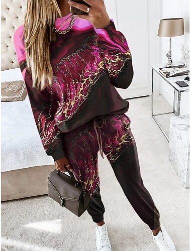  Kvinnenes 2-delte sweatshirt treningsdrakter sport daglig treningsdrakt bukse sett joggebukse bukser bukser langermet rund hals grafisk abstrakt snor trykk utendørs uformell rosa blå grønn