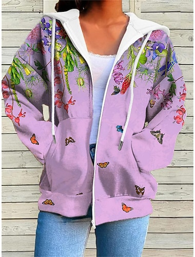  Dame Hettegenser Pustende Bekvem Lomme Snorer Trykt mønster Sport Daglig Fritid Blomstret utendørs Gate Sport Glidelås Normal Hettegenser Normal Langermet Yttertøy Hvit Gul Rosa Høst Vinter