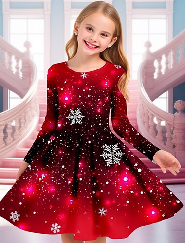  Mädchen' 3D Schneeflocke Kleid Schneeflockenkleid Langarm 3D-Druck Herbst Winter Urlaub Sport & Natur Täglich Kuschelig Brautkleider schlicht Schön kinderkleidung 4-12 Jahre Casual kleid A Linie Kleid