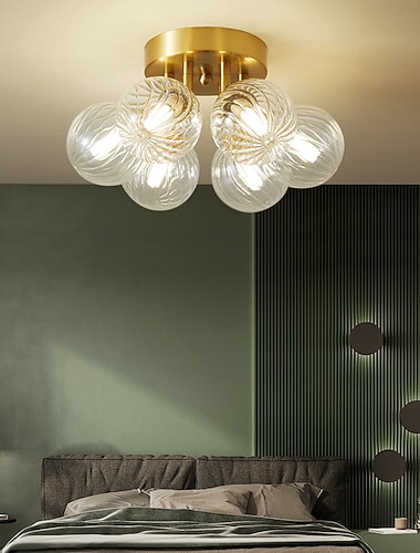  Moderne Unterputz-Deckenleuchte, goldfarbenes antikes Messing, 6-Licht-Leuchte, Glaskugel-Kronleuchter aus der Mitte des Jahrhunderts, Kupfer-Deckenleuchte, Anhänger für Wohnzimmer, Schlafzimmer,