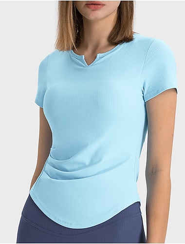  Mujer Camiseta Running Color sólido Yoga Aptitud física Frunce Negro Blanco Azul Piscina Escote en Pico Alta elasticidad Verano