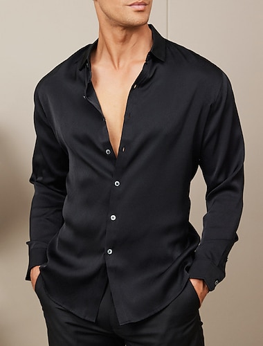  Herr Skjorta Knapp upp skjorta Casual skjorta Sidenskjorta i satin Svart Vit Mörkblå Långärmad Slät Kavajslag Dagligen Semester Kläder Mode Ledigt Bekväm