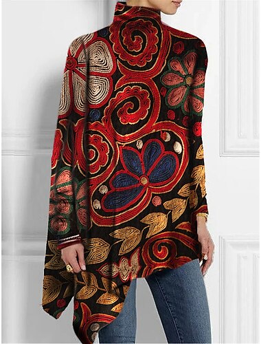  Camiseta de mujer de moda floral impresión dobladillo asimétrico de manga larga largos tops cuello alto casual vacaciones rojo azul verde primavera y otoño