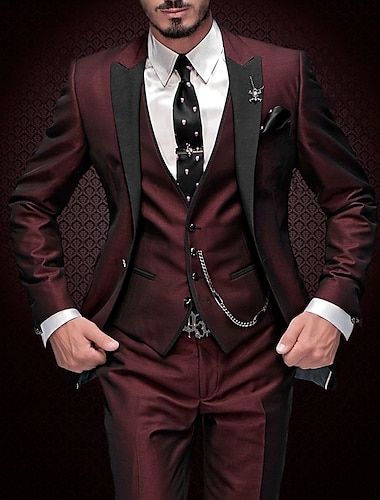  Burgundy Gray Men's Prom Suits Wedding Party Suits Solid Colored 3 Piece Daily Business Plus Size Single Breasted One-buttons 2024