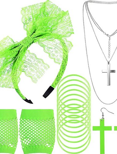 Jaren '80 balfeest zwarte visnethandschoenen kruisketting armband kanten hoofdbandset