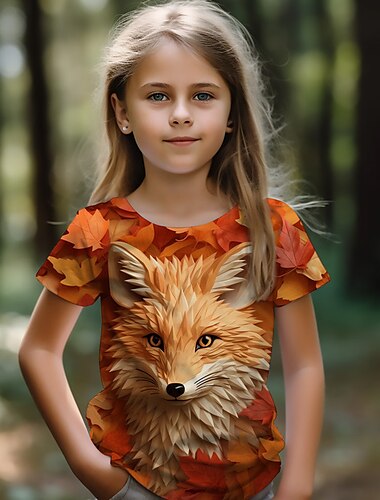  Flickor 3D Räv T-shirt Skjortor Kortärmad 3D-tryck Sommar Aktiv Mode söt stil Barn 3-12 år Rund hals Utomhus Ledigt Dagligen Normal
