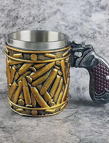  Bierkrug mit Kugelmuster aus Edelstahl, Kaffeebecher mit Pistolenform und Henkel aus Stahl für Freund, Vater, Weihnachtsgeschenk