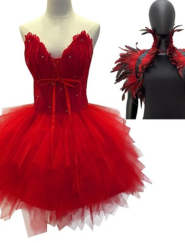  Set mit Ballett-Tutu-Kleid, Federumhang, 2-teilig, kleines Schwarzes für Damen, elegantes Cocktailkleid, Vintage-Kleid, Maskerade, Ballkleid, schwarzer Schwan, Damen-Karnevalskostüm