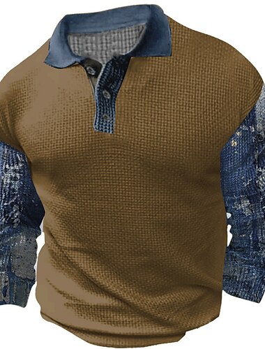  Herren Karomuster Waffel-Poloshirts Golfshirt Langarm Polo-Shirts Hemden mit Kragen Vintage Lässig Urlaubskleidung Formelle Kleidung Festivalkleidung Knöpfe 3D-Druck Frühling Schwarz Marinenblau Braun