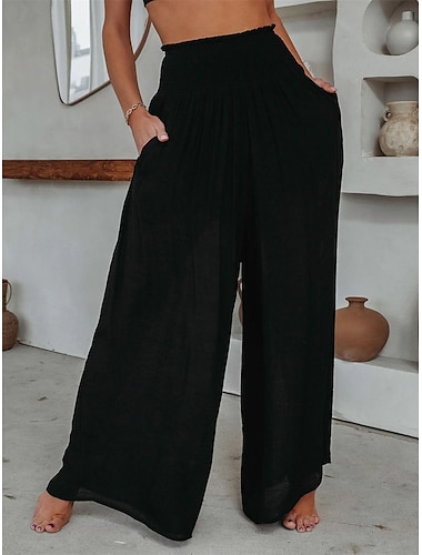  Women's Wide Leg Pants Trousers Vacation Simple Casual Full Length High Waist Plain Pocket Elastic Waist High Cut Comfort Breathability Soft Micro-elastic Home Street Daily Black White Brick red Fall