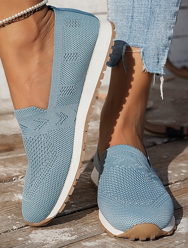  Dam Sneakers Slip-Ons Komfortskor Dagligen Platt klack Rundtå Mode Ledigt Komfort Promenad Flygande vävning Loafers Svart Mörkblå Beige