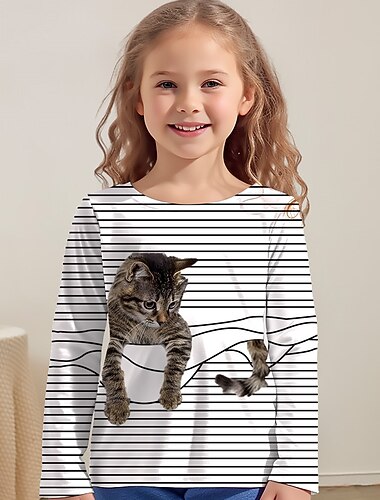  女の子 3D 猫 Ｔシャツ シャツ 長袖 3Dプリント 春 秋 活発的 ファッション かわいいスタイル ポリエステル 子供 3〜12年 クルーネック アウトドア カジュアル 日常 レギュラー