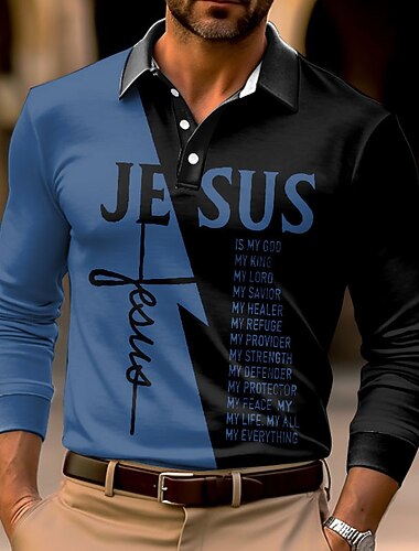  בגדי ריקוד גברים יֵשׁוּעַ נוצרי חולצות פולו חולצת גולף שרוול ארוך חולצות פולו חולצות עם צווארון יום יומי בגדי נופש תלבושות למסיבה הדפסת תלת מימד כפתורים לבן צהוב פול