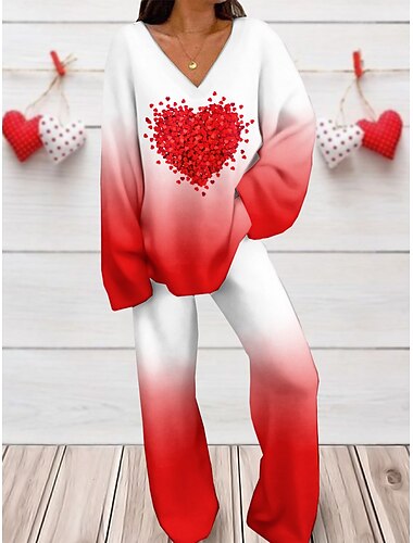 Valentin Kvinnors Loungewear Set 2 Delar Hjärta Mode Komfort Mjuk Hem Daglig Spandex Andningsbar V-Dra Lång Ärmar T shirt Tee Byxor Sommar Vår Hem Kläder