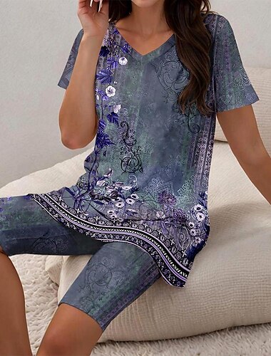 Damen-Tunika-Oberteil mit V-Ausschnitt, floralem Paisley-Print, asymmetrischem Saum, lässig, böhmisch, kurze Ärmel, Frühling, Sommer, vielseitige Kleidung