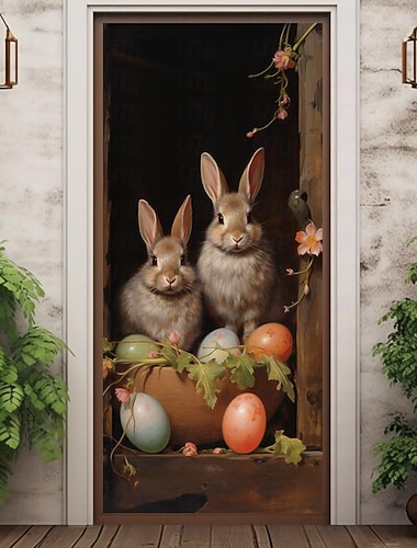  Couvre-portes Décorations de porte Lapins Œufs Décor mural Tapisserie de porte Rideau de porte Fond de porte Bannière amovible pour porte d'entrée Décoration intérieure Extérieure Maison Décoration