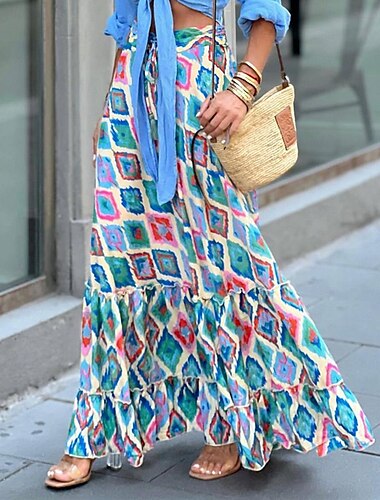 dames rok a-lijn swing bohemien maxi hoge taille rokken bloemenprint geometrisch ruit straat vakantie zomer casual boho blauw