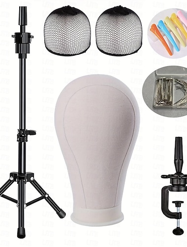  Trípode para peluca de 22 pulgadas, soporte para peluca, cabeza de maniquí para pelucas, conjunto de bloque de cabeza de lona para pelucas, exhibición con gorros de peluca, juego de pines t/c