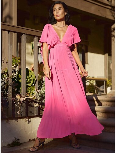  Damen Resort Maxikleid Hot Pink V-Ausschnitt Elastische Taille A-Linie Lockere Passform Urlaubskleid Kleid Strandüberzug