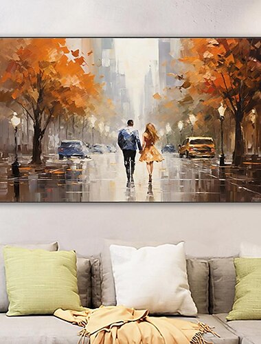  لوحة مرسومة يدويًا لزوجين رومانسيين يمسكان أيديهما معًا لوحة زيتية مصنوعة يدويًا لمناظر طبيعية ملونة من القماش لتزيين الحائط (بدون إطار)