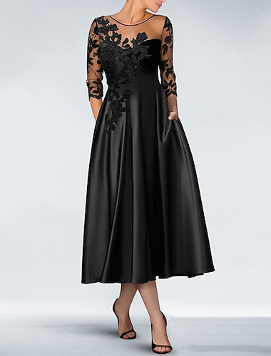  κοκτέιλ μαύρο φόρεμα σε γραμμή απλικέ κομψό φόρεμα φθινοπωρινό νυφικό φόρεμα καλεσμένων για μητέρα μήκους γόνατο μήκους 3/4 μανίκι από τσέπη ώμου σατέν με τσέπη με χάντρες 2024