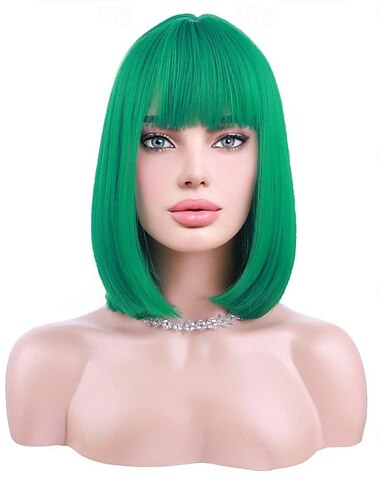  Grüne Perücke für Frauen, grüne Bob-Perücke, kurze, gerade, smaragdgrüne Perücke mit Pony, synthetische, hitzebeständige Halloween-Cosplay-Perücke, St. Patrick's Day-Perücken