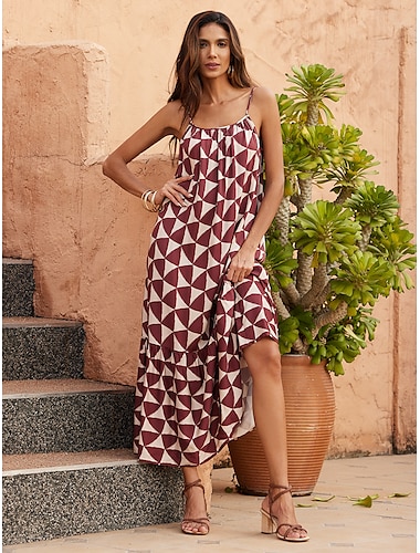 Ziegelrotes, geometrisches, gerafftes Cami-Kleid