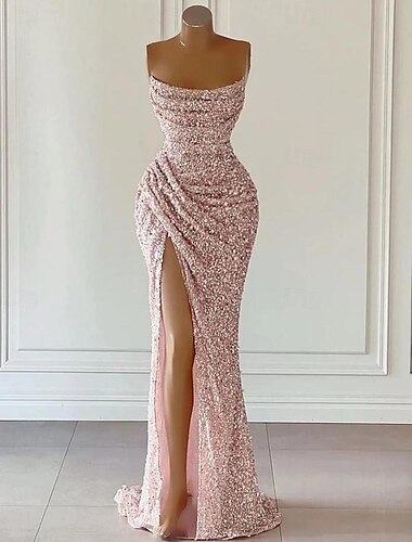  Sheath / Column Prom Dresses Elegant Dress Formal Prom Floor Length Sleeveless Strapless Sequined with Glitter Sequin 2024