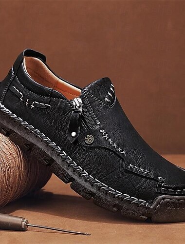  Braune Slipper aus Kunstleder für Herren mit seitlichem Reißverschluss und handgenähten Details – bequeme Freizeitschuhe für die Arbeit, Reisen und den Alltag
