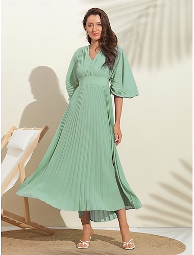  Damen Hochzeitsgastkleid Maxi Blau V-Ausschnitt Fledermausärmel Plissee Chiffon