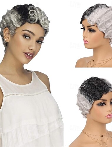  ウィッグフィンガーウェーブウィッグ ショート合成毛カーリーウィッグ ブラックウィメンレディヌナウィッグ 1920年代コスプレコスチューム カーニバルパーティー 日常使用ハロウィンウィッグ