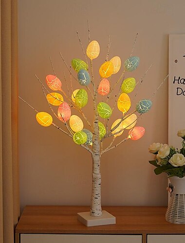 Luces de decoración de huevos de Pascua, 24 luces LED artificiales para árbol bonsái, alimentadas por batería, fiesta en casa de Pascua, sala de estar, dormitorio, mesita de noche, decoración