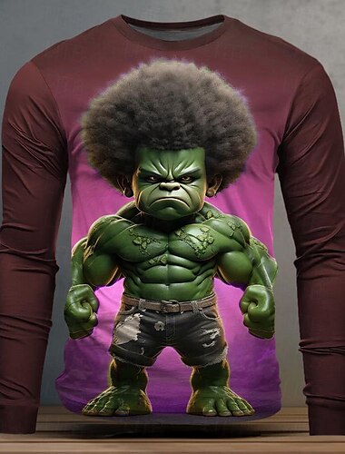  Herren Graphic Karikatur Lustig T Shirt Langarm T-Shirt 3D-Druck Rundhalsausschnitt Hemd Modisch Brautkleider schlicht Streetstyle Sports Outdoor Festtage Ausgehen Burgunderrot Purpur Grün Frühling