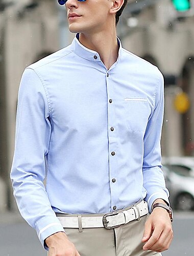  Herren Hemd Hemd mit chinesischem Kragen Hemd mit Stehkragen Kleidhemd Knopfhemd Einfach Hochzeit Party Rosa Blau Himmelblau Dunkelgray Langarm Großvaterkragen Frühling & Herbst Bekleidung Patchwork