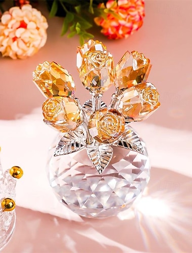  Figurine de rose champagne en cristal faite à la main avec vase rond, cadeaux romantiques pour femmes pour mariage, Saint-Valentin, Noël, fleurs en verre pour petite amie, épouse, décoration de table
