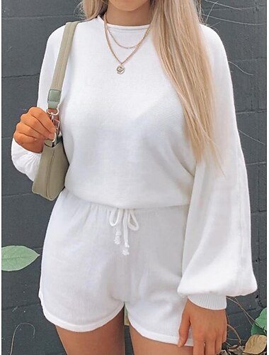  einstellen Damen Schwarz Weiß Kamel Feste Farbe Kordelzug 2 teilig Strasse Täglich Modisch Rundhalsausschnitt Regular Fit S