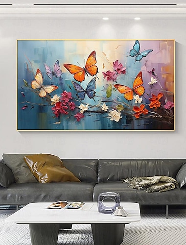  Großes handgemaltes abstraktes buntes Schmetterlings-Ölgemälde auf Leinwand, handgemaltes Blumengemälde, Tiergemälde, Textur, Tiergemälde, Wandkunstbild für Wohnzimmer, Heimdekoration