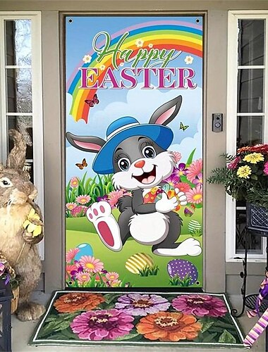  Bunny Rabbit  Door Covers Door Tapestry Door Curtain Decoration Backdrop Door Banner for Front Door Farmhouse Holiday Party Decor Supplies