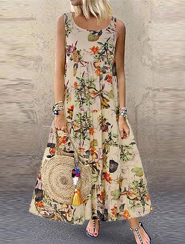  Maxikleid für Damen, ärmellos, Rundhalsausschnitt, Blumendruck, Empire-Taille, fließend, sommerlich, lässig, Strandmode, mehrfarbig, volle Größe
