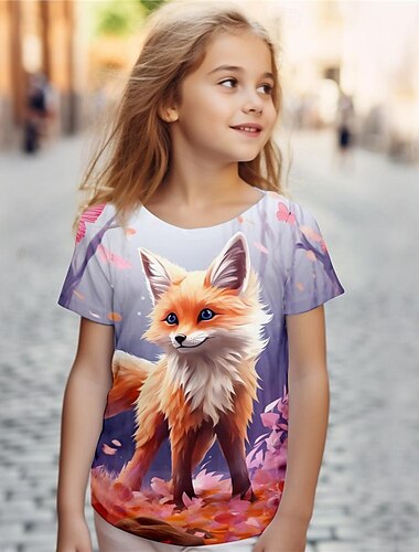  Mädchen 3D Karikatur Fuchs T-Shirt Hemden Kurzarm 3D-Druck Sommer Aktiv Modisch Kuschelig kinderkleidung 3-12 Jahre Rundhalsausschnitt Outdoor Casual Täglich Regular Fit