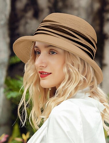  hoed Vezel Zomerhoed Slappe hoed Strohoed Bruiloft Casual Elegant Bruiloft Met Gesplitst Tule Helm Hoofddeksels