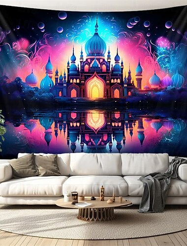  Ramadan-Moschee, Schwarzlicht-Wandteppich, UV-reaktives Leuchten im Dunkeln, trippy neblige Naturlandschaft, hängender Wandteppich, Wandkunst-Wandbild für Wohnzimmer, Schlafzimmer