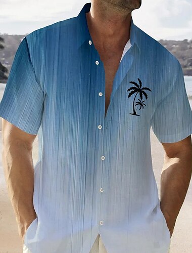  カラーグラデーションヤシの木メンズリゾートハワイアン 3d プリントシャツボタンアップ半袖サマーシャツ休暇日常着 s から 3xl