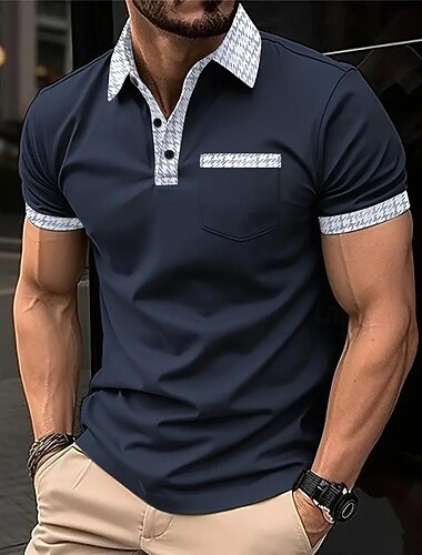  Męskie Koszulka polo Zapinane na guziki koszulki polo Codzienny Sport Klapa Krótki rękaw Moda Podstawowy Kolorowy blok Pepitka Niejednolita całość Kieszeń Lato Regularny Czarny Biały Granatowy