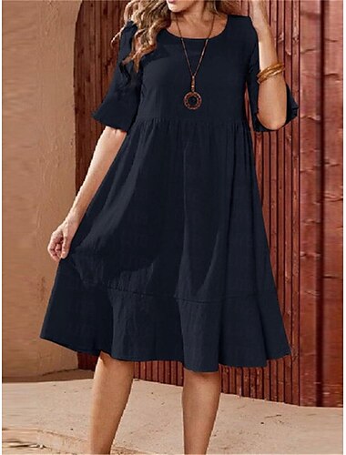  Damen Armeegrün Rosa Marineblau Sommer Frühling Midikleid Baumwoll-Leinen-Kleider Freizeitkleid Baumwoll-Sommerkleid Basic Modern Täglich Wochenende Lässiger Schnitt Einfach Rundhalsausschnitt