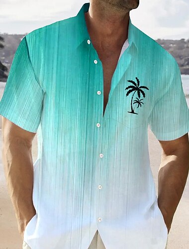  Herren Farbverläufe Palme Tropische Pflanzen Hawaiihemd Sommerhemd Aloha-Shirt Kurzarm Hemd Urlaub Hawaiianisch Outdoor Urlaub Hawaiianisch Rote Blau Braun S M L