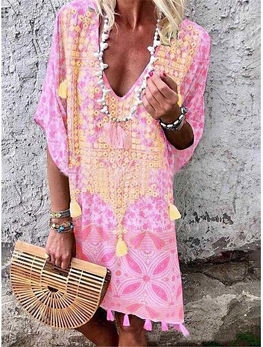  Damen Minikleid Vintage-Kleid Casual kleid Boho Chic Kleider Boho-Kleid Böhmen Ethnisch Urlaub Festtage Lockere Passform Geometrisch Stammes Halbe Ärmel V Ausschnitt Rosa Wein Grün Khaki Sommer